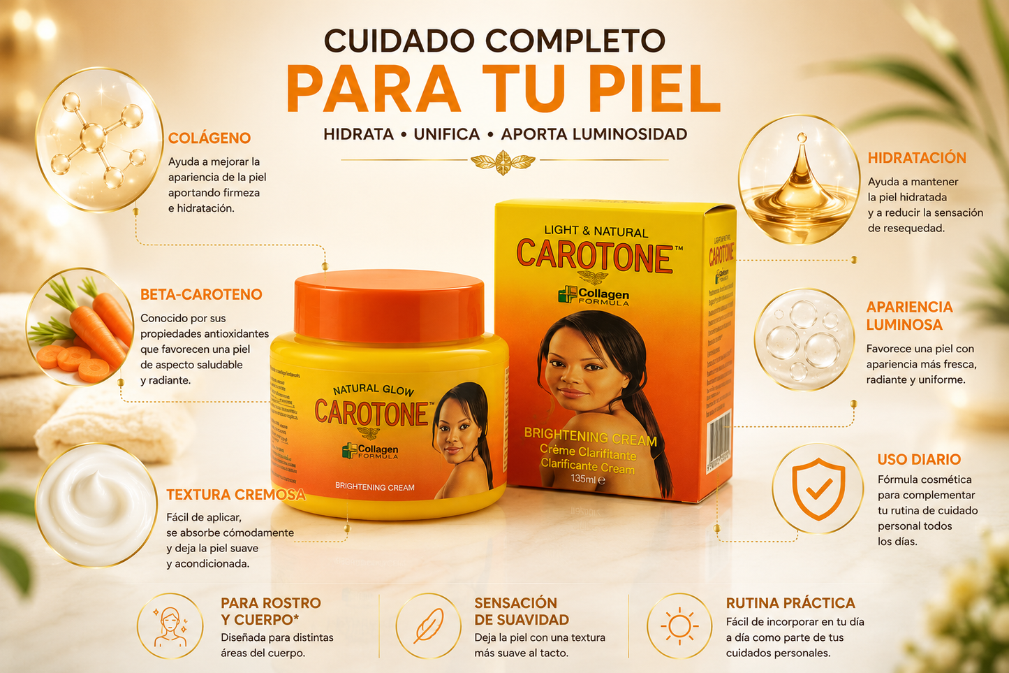 Devuélvele luminosidad a tu piel y mejora la apariencia de las manchas con la crema y jabón CAROTONE