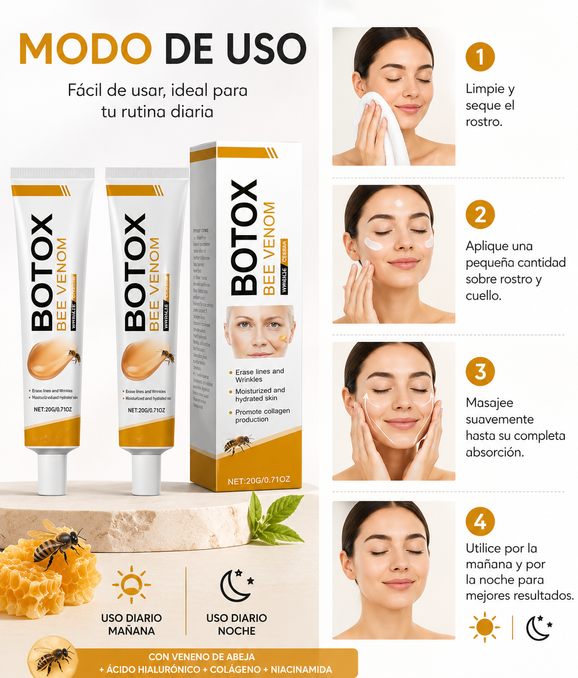 CREMA DE BOTOX VENENO DE ABEJA 2X1 Reduce la Apariencia de Arrugas y Consigue una Piel Más Firme