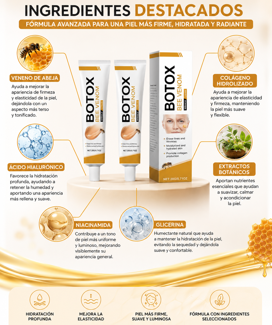 CREMA DE BOTOX VENENO DE ABEJA 2X1 Reduce la Apariencia de Arrugas y Consigue una Piel Más Firme